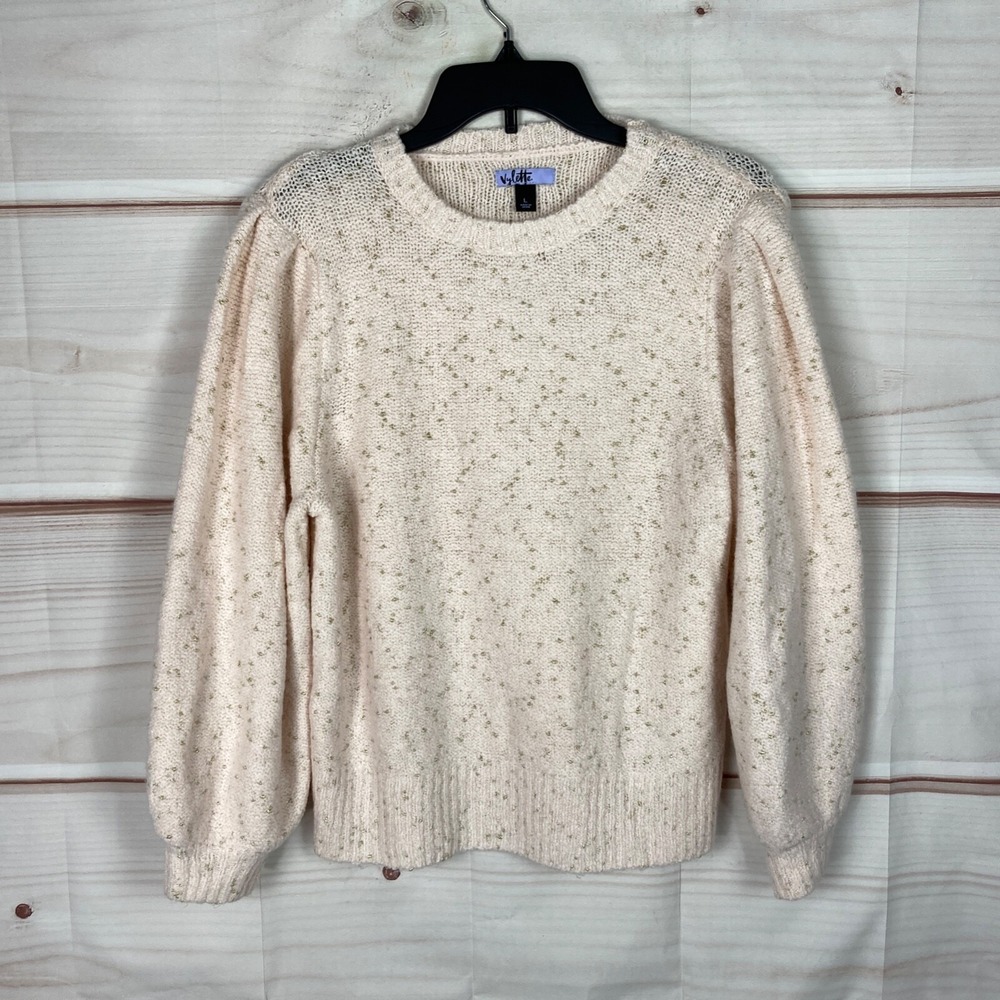 Vylette Sweater Womens L Pink Gold Pullover Balloon Sleeve Crew Neck Soft Knit